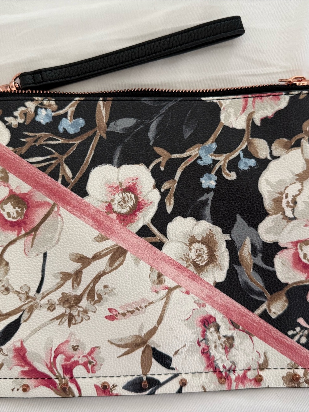 White House Black Market Black & Cream Floral Wristlet Clutch with Pink Trim